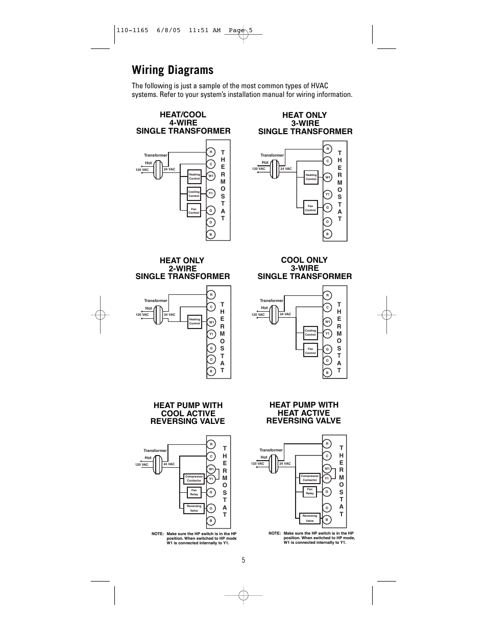 Wiring diagrams, Heat/cool 4-wire single transformer, Heat only 2-wire single transformer | Heat pump with cool active reversing valve, Heat pump with heat active reversing valve, Cool only 3-wire single transformer, Heat only single transformer 3-wire | Robertshaw 8601-1 User Manual | Page 5 / 12