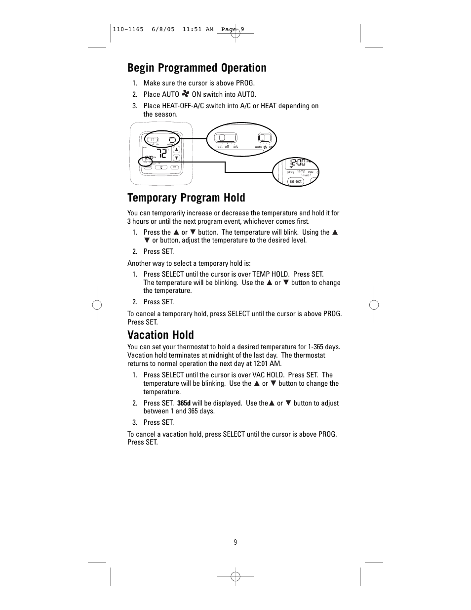 Begin programmed operation, Temporary program hold, Vacation hold | Robertshaw 8601-1 User Manual | Page 9 / 12
