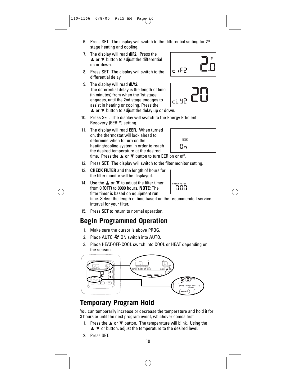Begin programmed operation, Temporary program hold | Robertshaw 8625-1 User Manual | Page 10 / 14