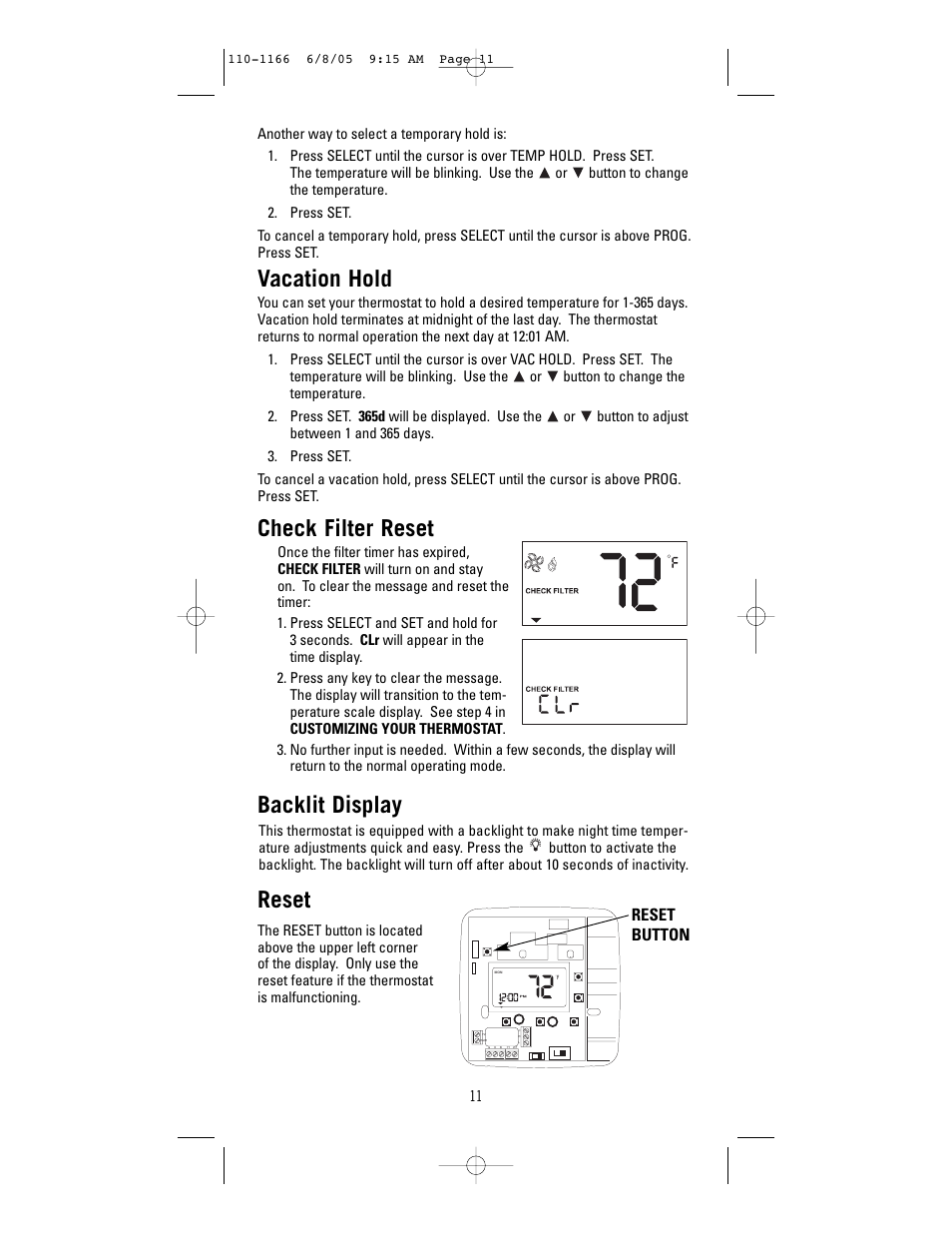 Vacation hold, Check filter reset, Backlit display | Reset, Reset button | Robertshaw 8625-1 User Manual | Page 11 / 14