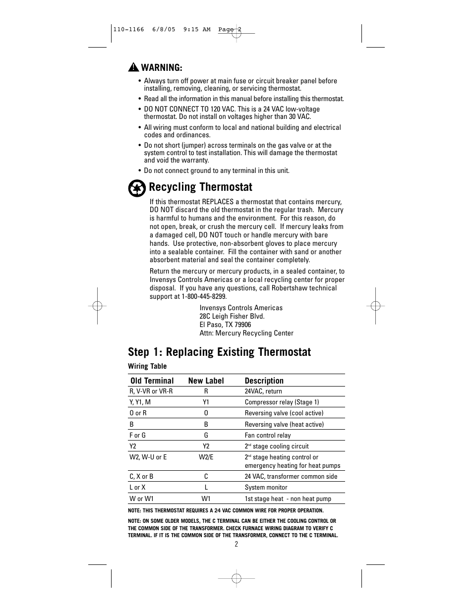 Recycling thermostat, Step 1: replacing existing thermostat, Warning | Robertshaw 8625-1 User Manual | Page 2 / 14