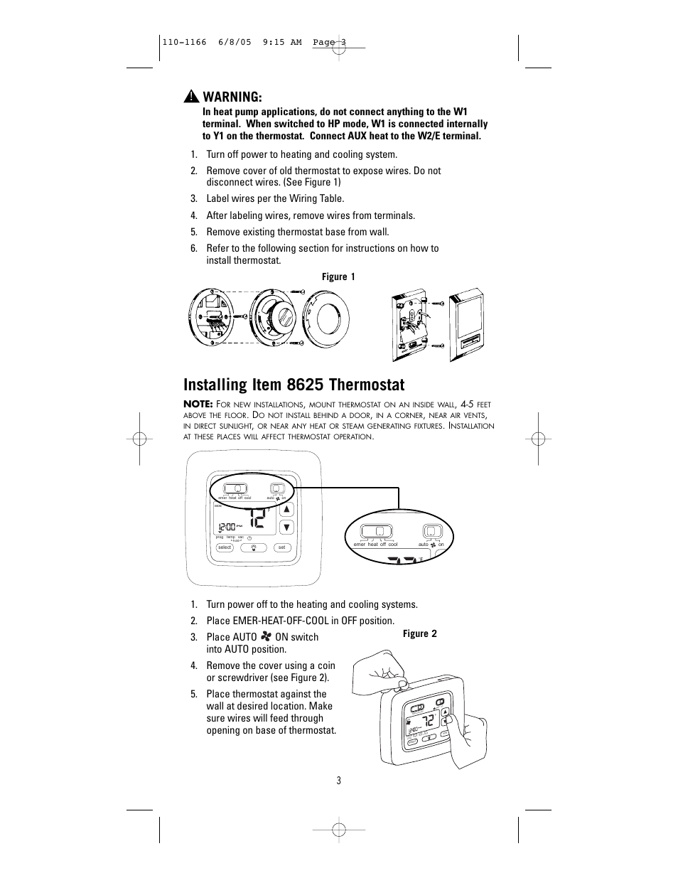 Installing item 8625 thermostat, Warning, Figure 2 | Robertshaw 8625-1 User Manual | Page 3 / 14