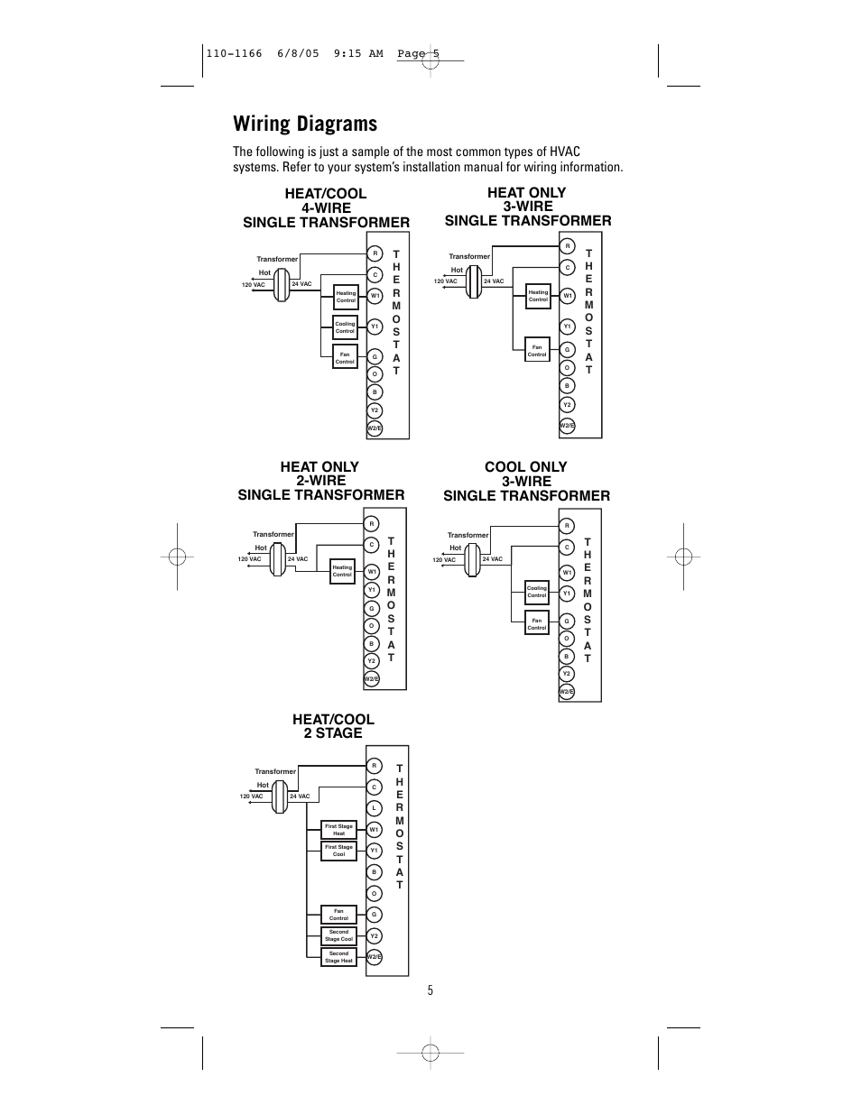 Wiring diagrams, Heat/cool 4-wire single transformer, Heat only 2-wire single transformer | Heat/cool 2 stage, Cool only 3-wire single transformer, Heat only single transformer 3-wire | Robertshaw 8625-1 User Manual | Page 5 / 14