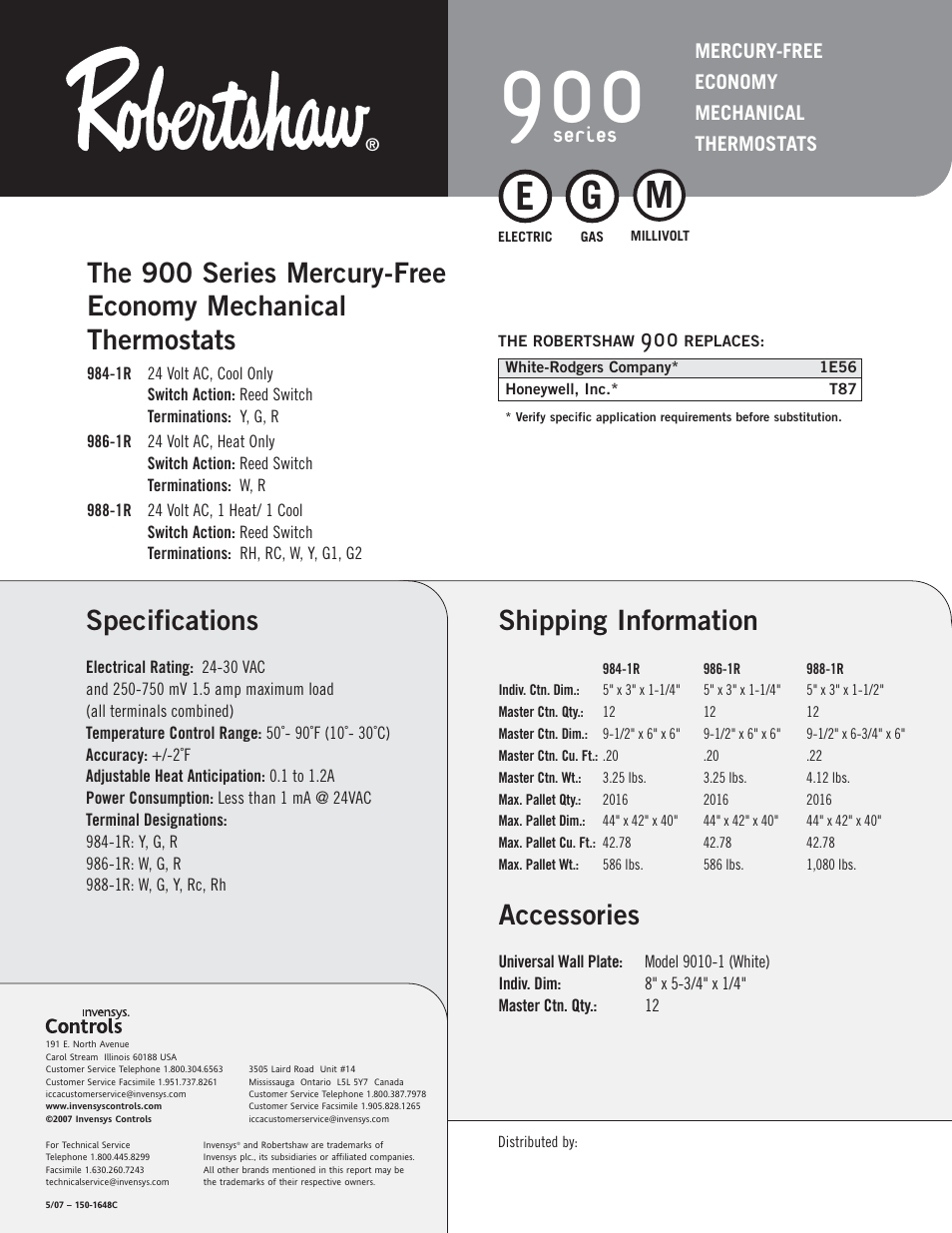 Shipping information, Accessories, Specifications | Series | Robertshaw 900 SERIES User Manual | Page 2 / 2