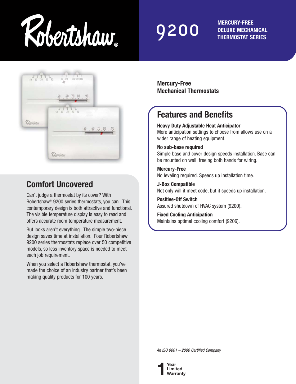 Robertshaw 9200 SERIES User Manual | 2 pages