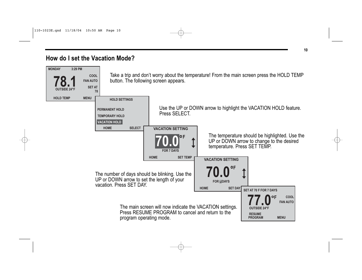 How do i set the vacation mode | Robertshaw 9720i User Manual | Page 10 / 28