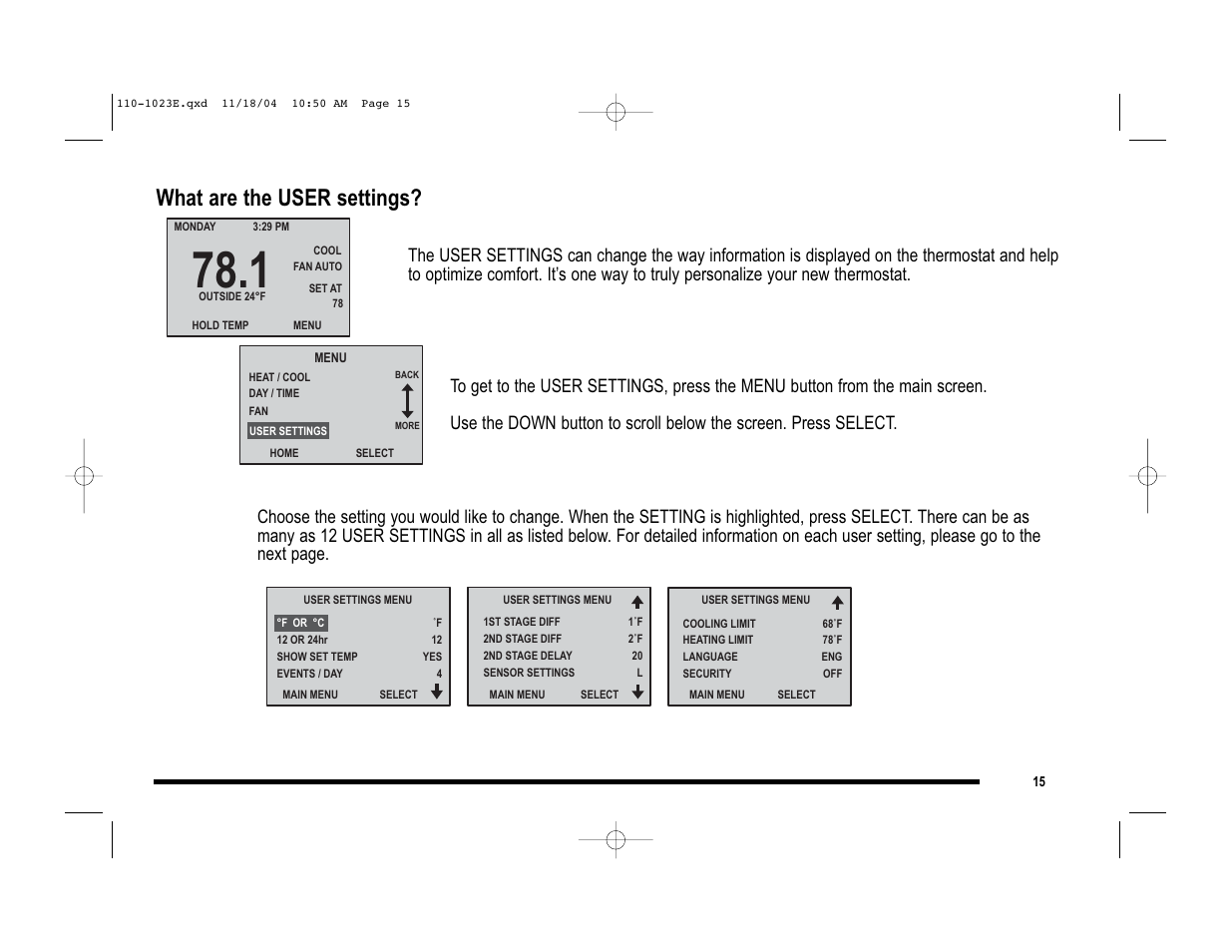 What are the user settings | Robertshaw 9720i User Manual | Page 15 / 28