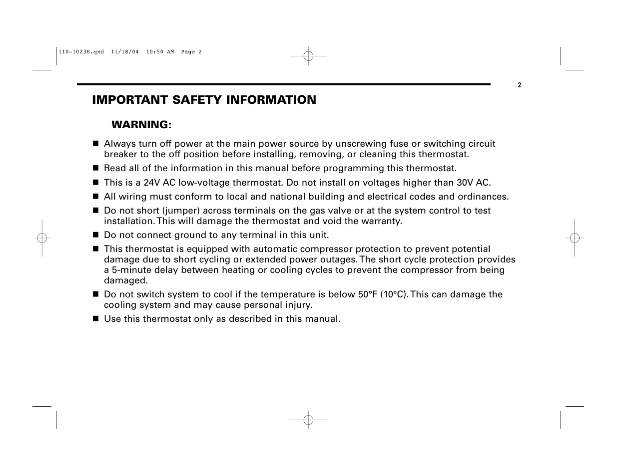 Important safety information | Robertshaw 9720i User Manual | Page 2 / 28