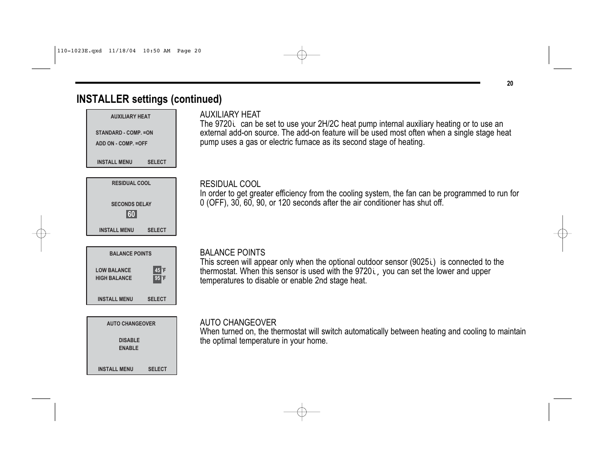 Installer settings (continued) | Robertshaw 9720i User Manual | Page 20 / 28