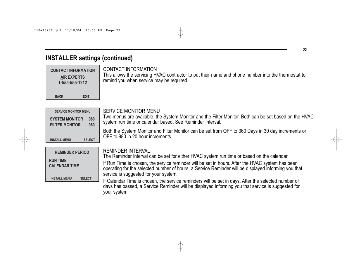Installer settings (continued) | Robertshaw 9720i User Manual | Page 22 / 28