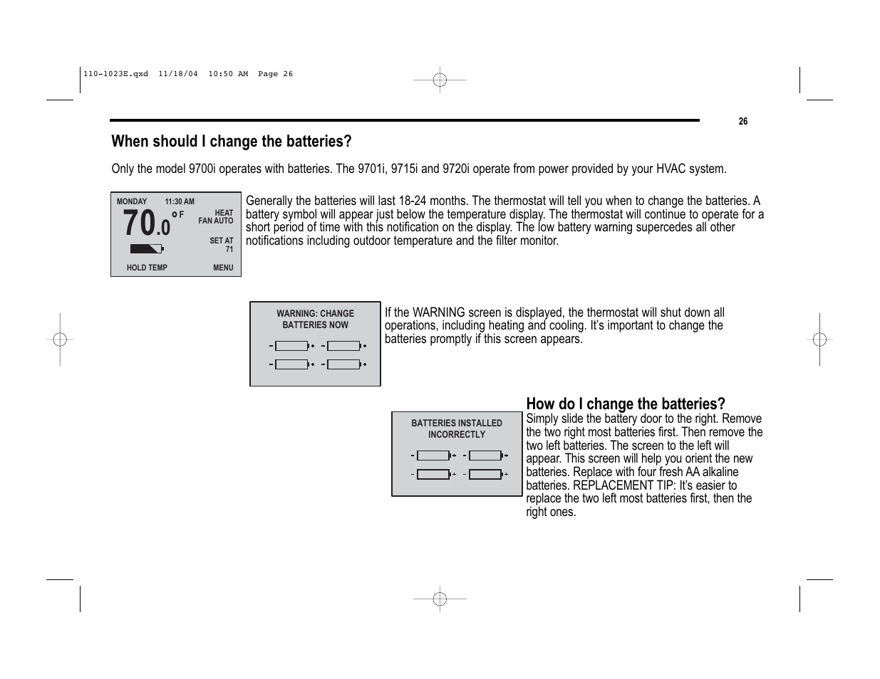 When should i change the batteries, How do i change the batteries | Robertshaw 9720i User Manual | Page 26 / 28