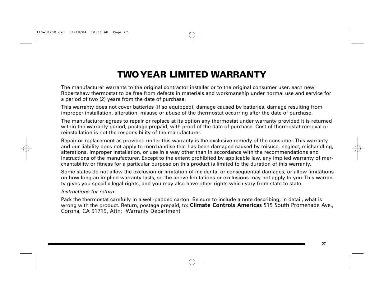 Two year limited warranty | Robertshaw 9720i User Manual | Page 27 / 28