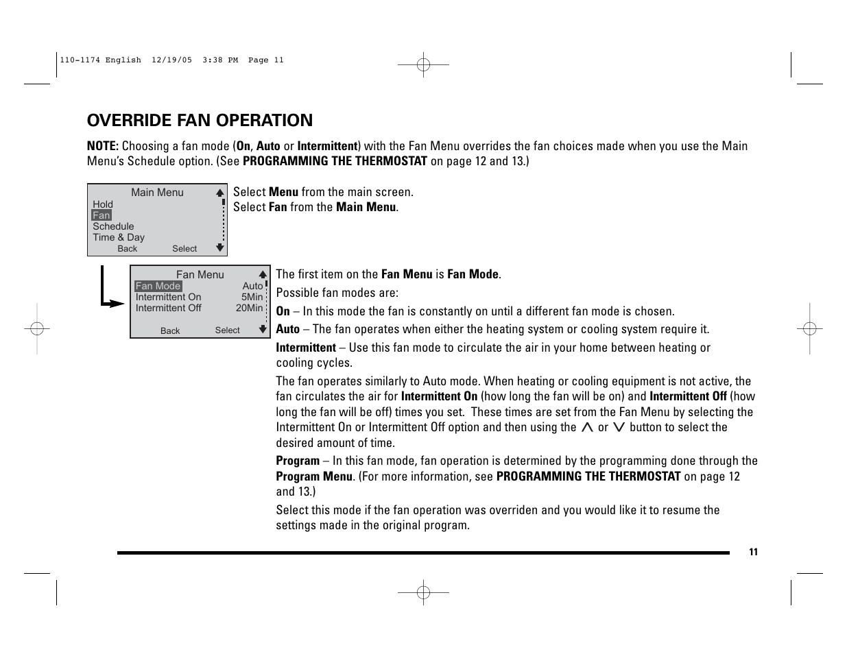 Override fan operation | Robertshaw 9725i2 USERS MANUAL User Manual | Page 11 / 32