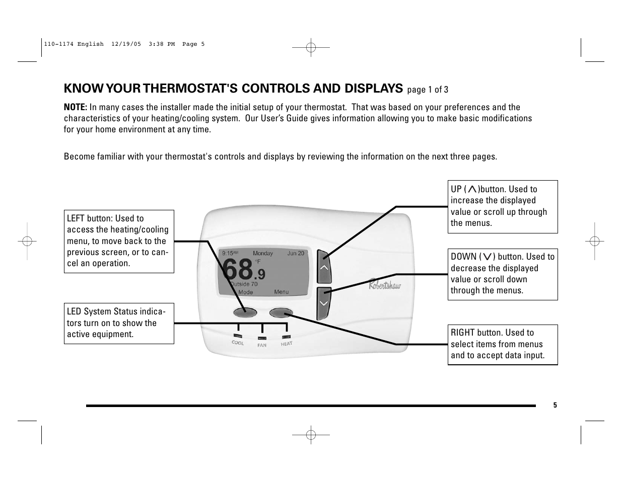 Know your thermostat's controls and displays | Robertshaw 9725i2 USERS MANUAL User Manual | Page 5 / 32