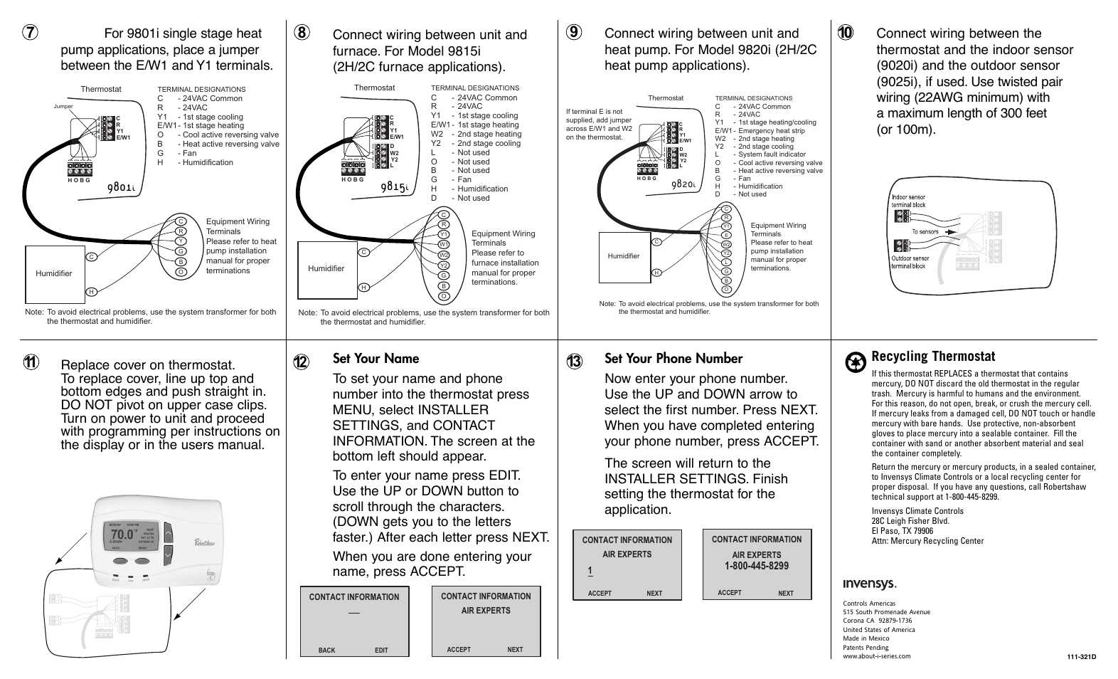 Recycling thermostat, Set your name set your phone number | Robertshaw 9820I User Manual | Page 2 / 2