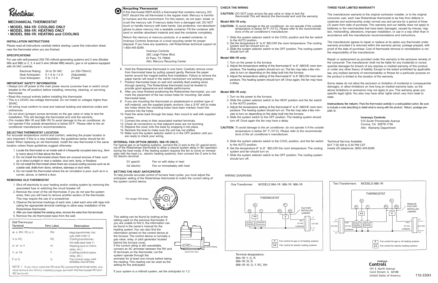 Robertshaw 988-1R User Manual | 2 pages