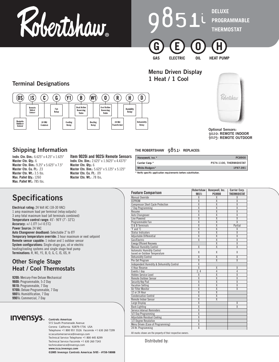 Specifications, Other single stage heat / cool thermostats, Shipping information | Deluxe programmable thermostat | Robertshaw 9851i User Manual | Page 2 / 2