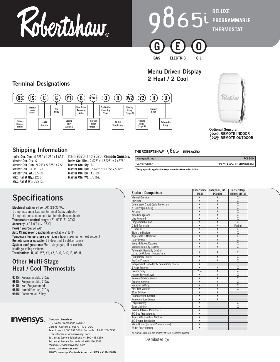 Specifications, Other multi-stage heat / cool thermostats, Shipping information | Os is c y1 b o, W2 r, Y2 h, Deluxe programmable thermostat | Robertshaw 9865i User Manual | Page 2 / 2