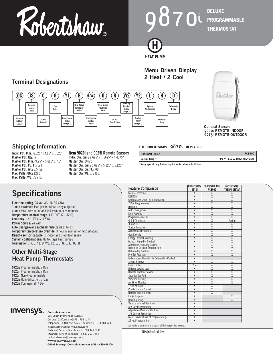 Specifications, Other multi-stage heat pump thermostats, Shipping information | Os is c y1 b o, Deluxe programmable thermostat | Robertshaw 9870i User Manual | Page 2 / 2