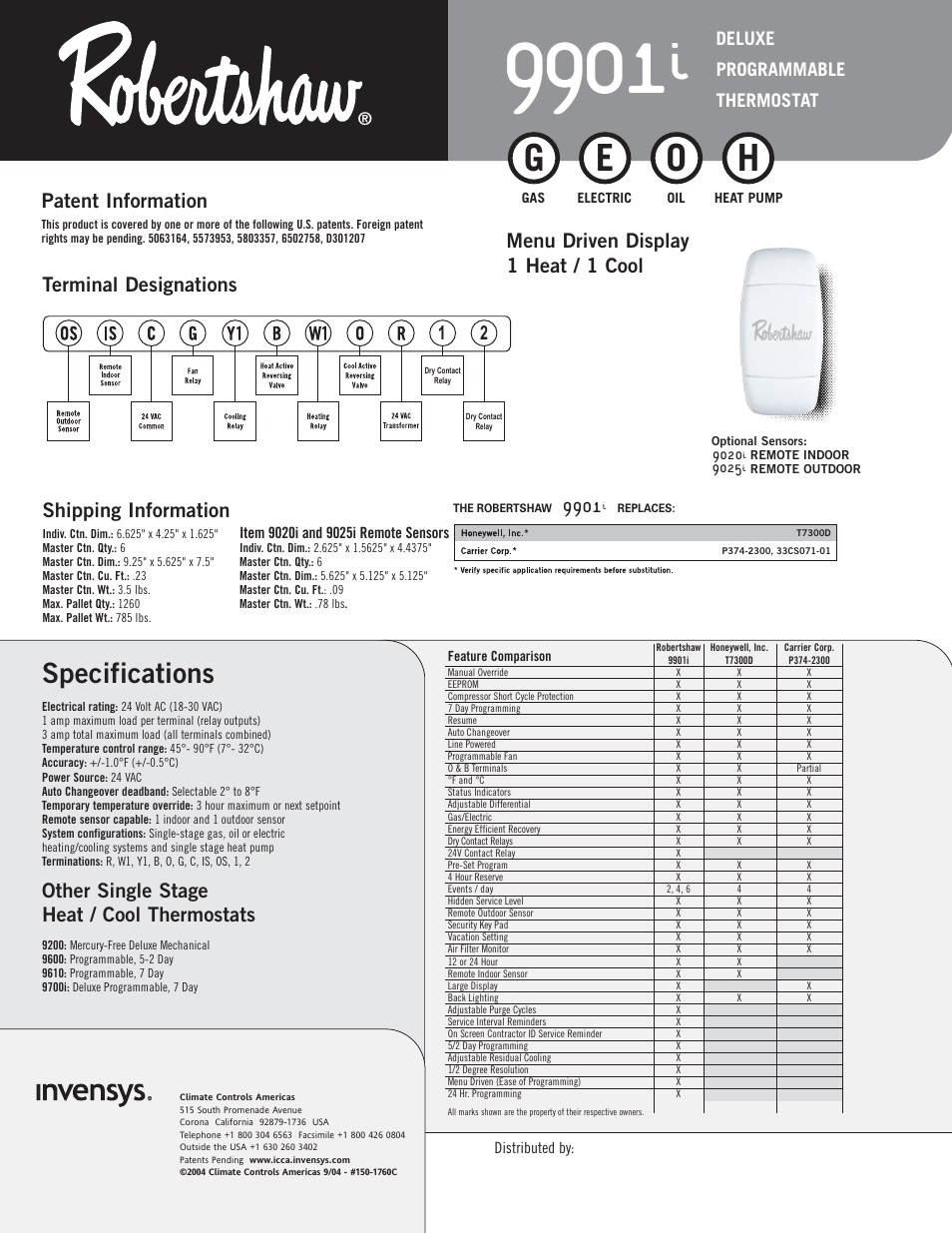 Specifications, Other single stage heat / cool thermostats, Shipping information | Patent information, Deluxe programmable thermostat | Robertshaw 9901i User Manual | Page 2 / 2