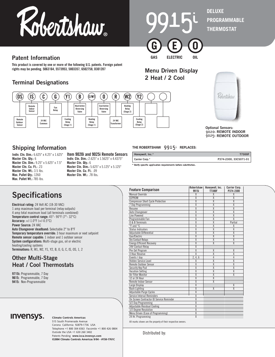 Specifications, Other multi-stage heat / cool thermostats, Shipping information | Patent information, Os is c y1 b o, W2 r, Y2 g, Deluxe programmable thermostat | Robertshaw 9915i User Manual | Page 2 / 2