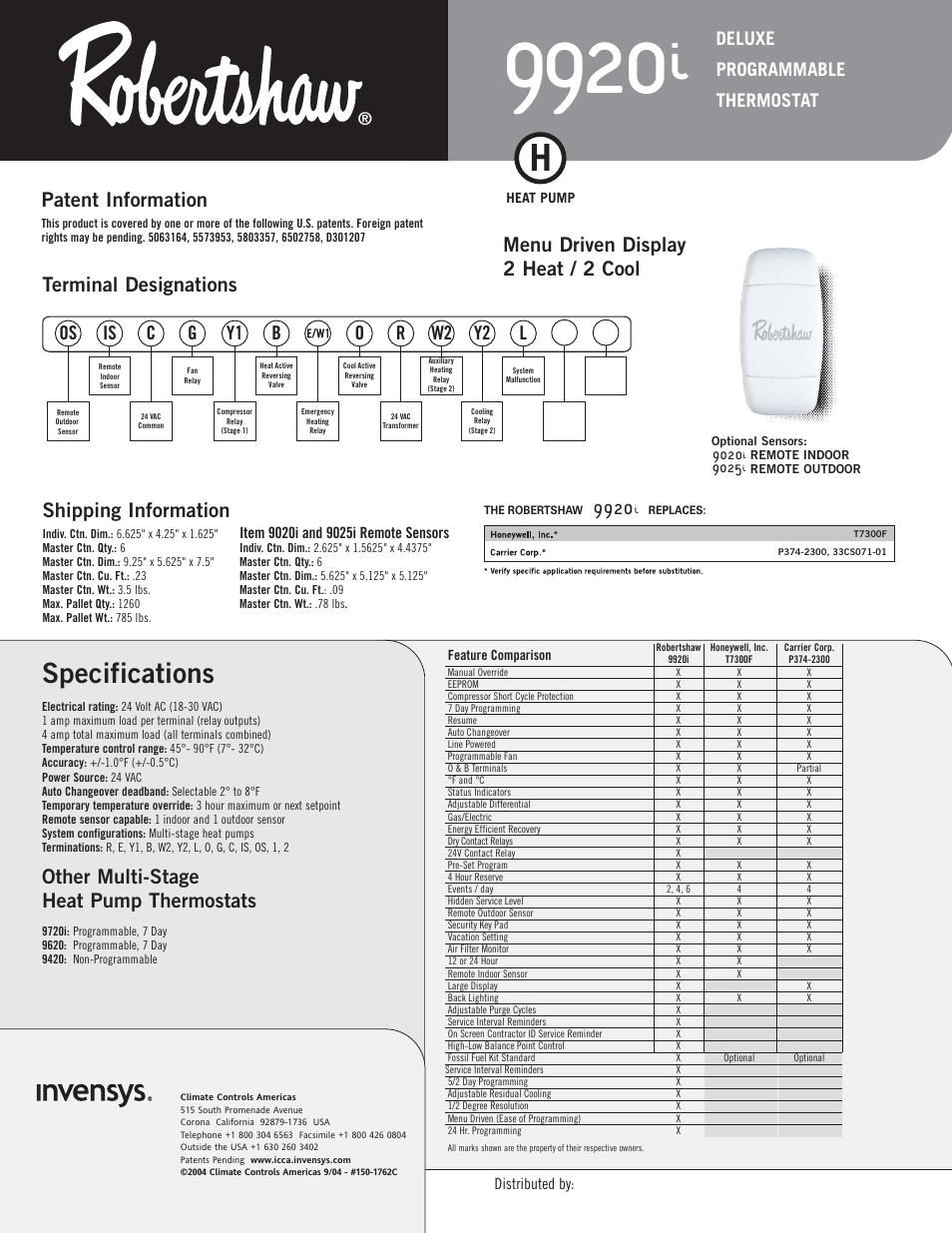 Specifications, Other multi-stage heat pump thermostats, Shipping information | Patent information, Os is c y1 b o, Y2 g, Deluxe programmable thermostat | Robertshaw 9920i User Manual | Page 2 / 2