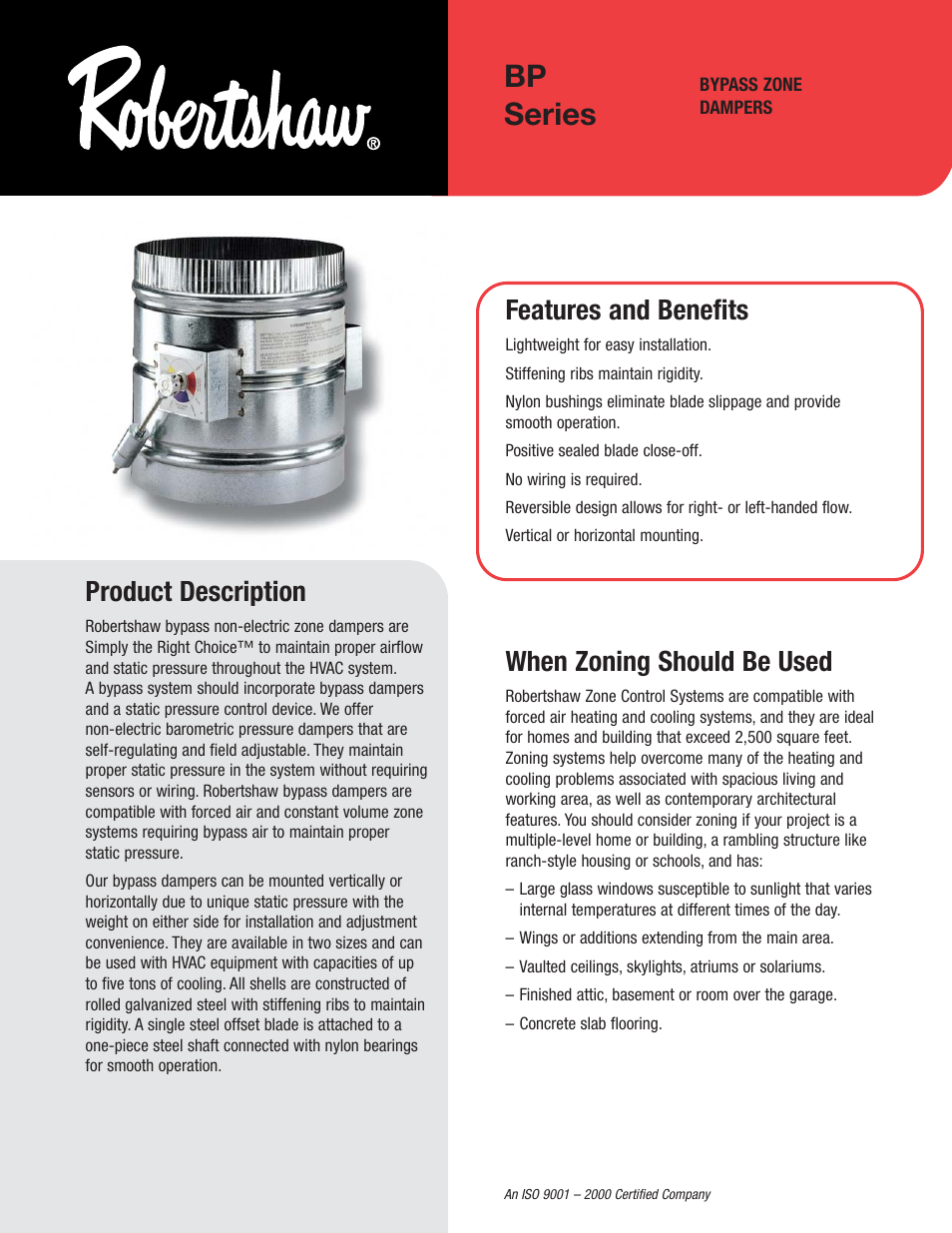 Robertshaw BP Series BYPASS ZONE DAMPERS User Manual | 2 pages