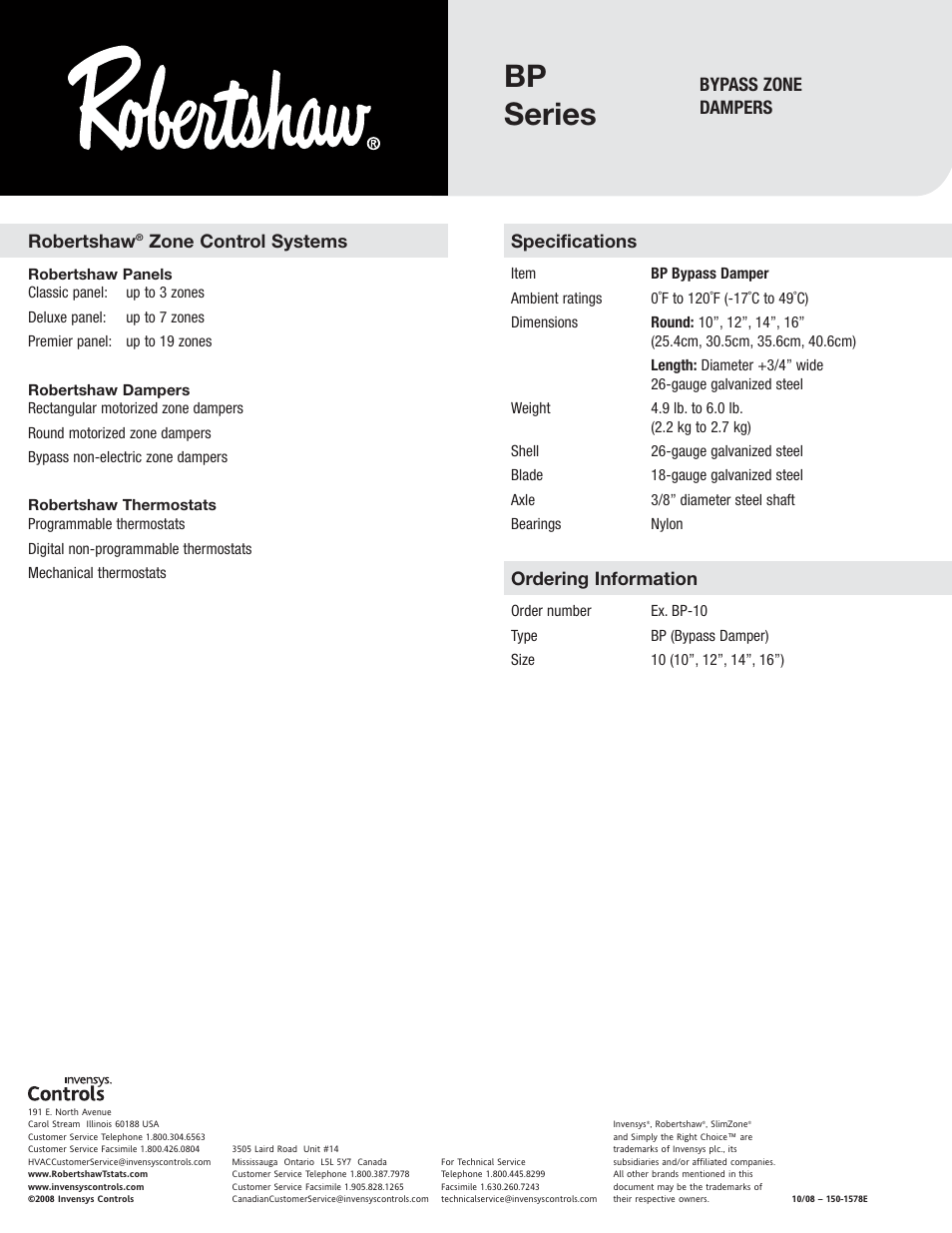 Bp series, Specifications, Robertshaw | Zone control systems ordering information, Bypass zone dampers | Robertshaw BP Series BYPASS ZONE DAMPERS User Manual | Page 2 / 2