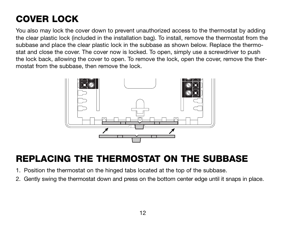 Cover lock, Replacing the thermostat on the subbase | Robertshaw Deluxe Programmable User Manual | Page 12 / 40
