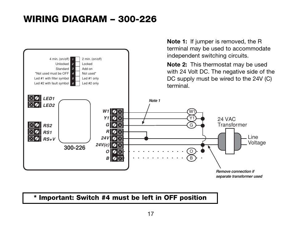 Important: switch #4 must be left in off position, 24 vac transformer line voltage | Robertshaw Deluxe Programmable User Manual | Page 17 / 40