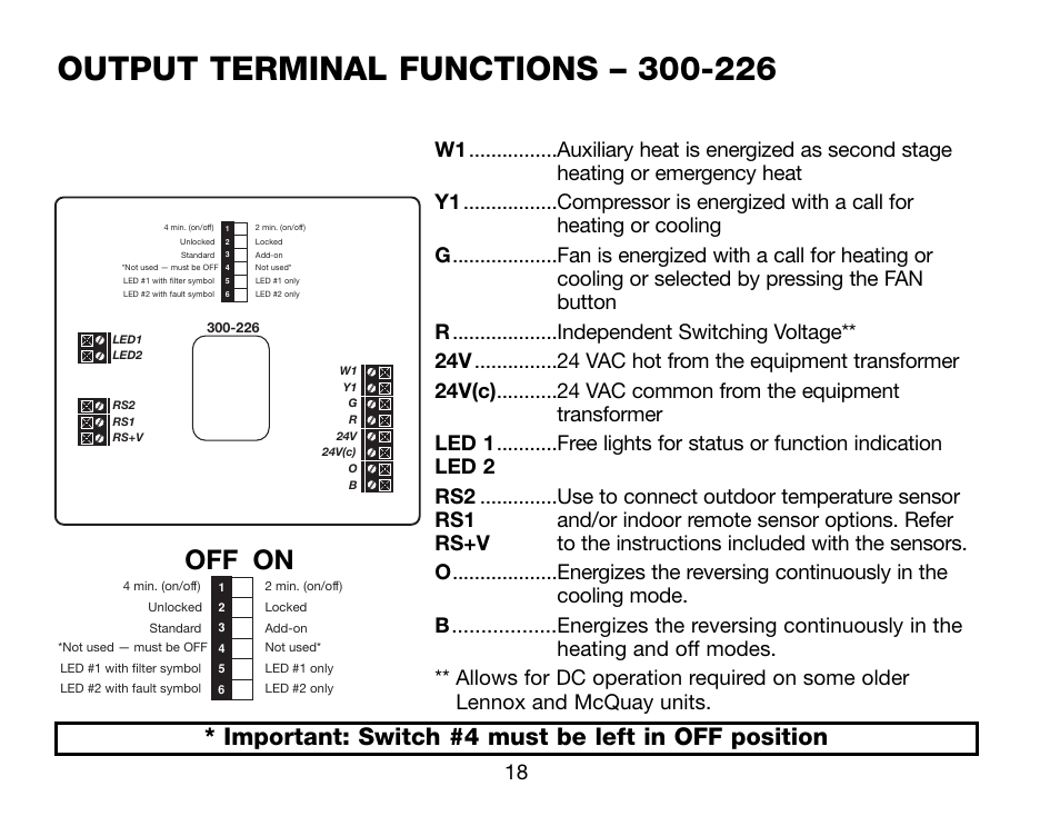 Off on, Important: switch #4 must be left in off position | Robertshaw Deluxe Programmable User Manual | Page 18 / 40