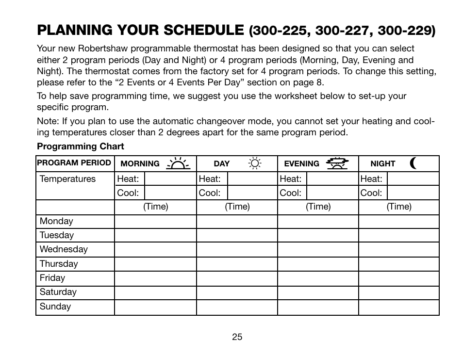 Planning your schedule | Robertshaw Deluxe Programmable User Manual | Page 25 / 40