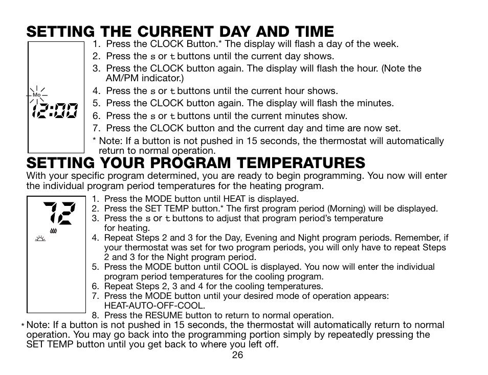 Setting the current day and time, Setting your program temperatures | Robertshaw Deluxe Programmable User Manual | Page 26 / 40