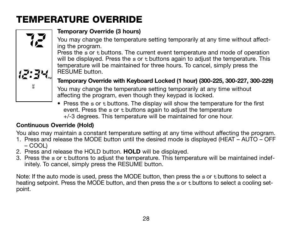 Temperature override | Robertshaw Deluxe Programmable User Manual | Page 28 / 40