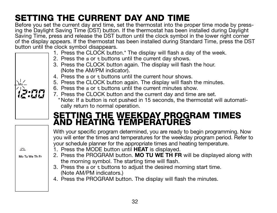 Setting the current day and time | Robertshaw Deluxe Programmable User Manual | Page 32 / 40