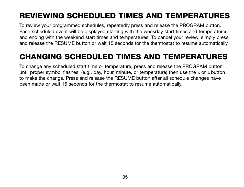 Reviewing scheduled times and temperatures, Changing scheduled times and temperatures | Robertshaw Deluxe Programmable User Manual | Page 35 / 40
