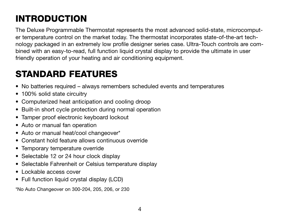 Introduction, Standard features | Robertshaw Deluxe Programmable User Manual | Page 4 / 40