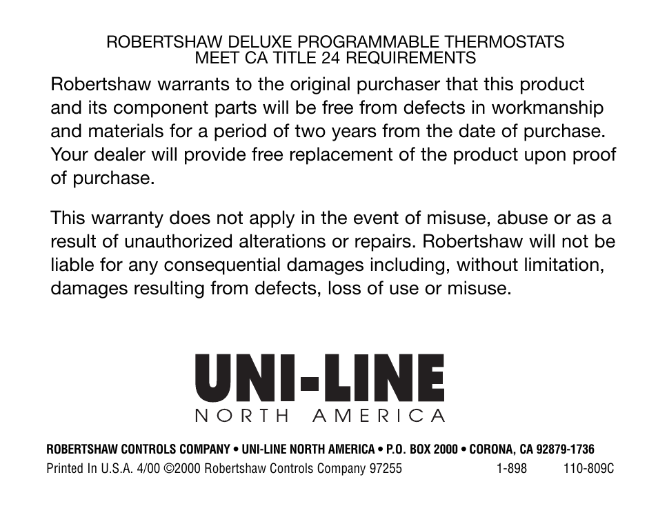 Robertshaw Deluxe Programmable User Manual | Page 40 / 40