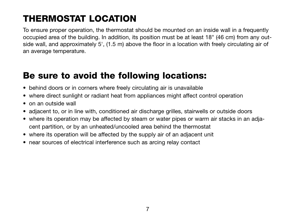 Thermostat location, Be sure to avoid the following locations | Robertshaw Deluxe Programmable User Manual | Page 7 / 40