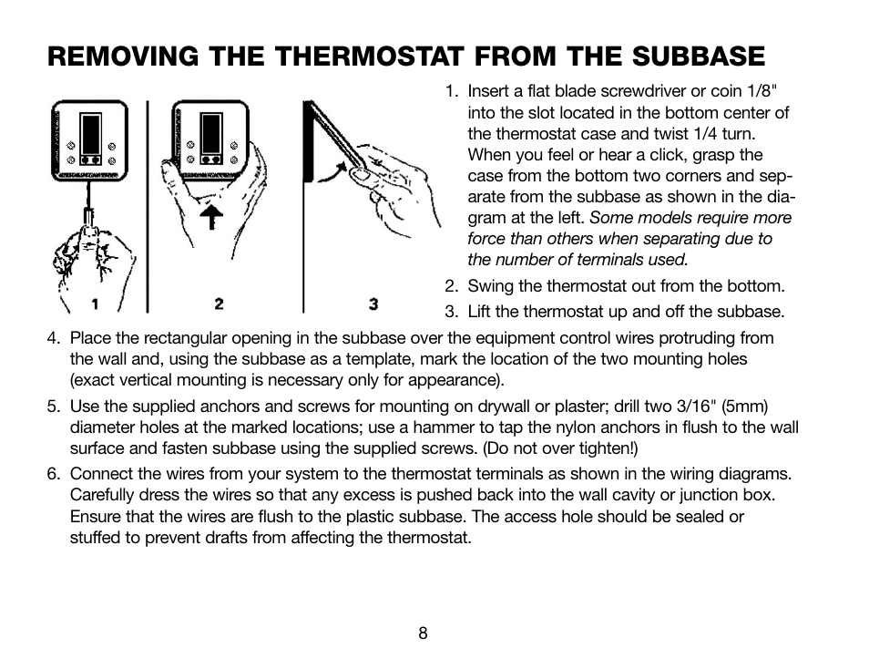 Removing the thermostat from the subbase | Robertshaw Deluxe Programmable User Manual | Page 8 / 40