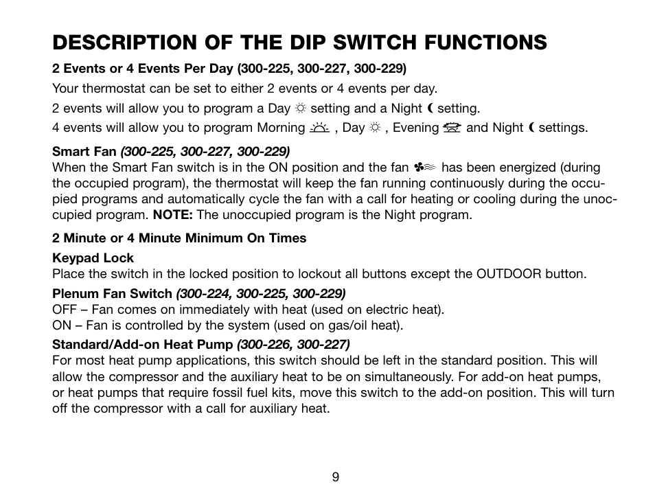 Description of the dip switch functions | Robertshaw Deluxe Programmable User Manual | Page 9 / 40