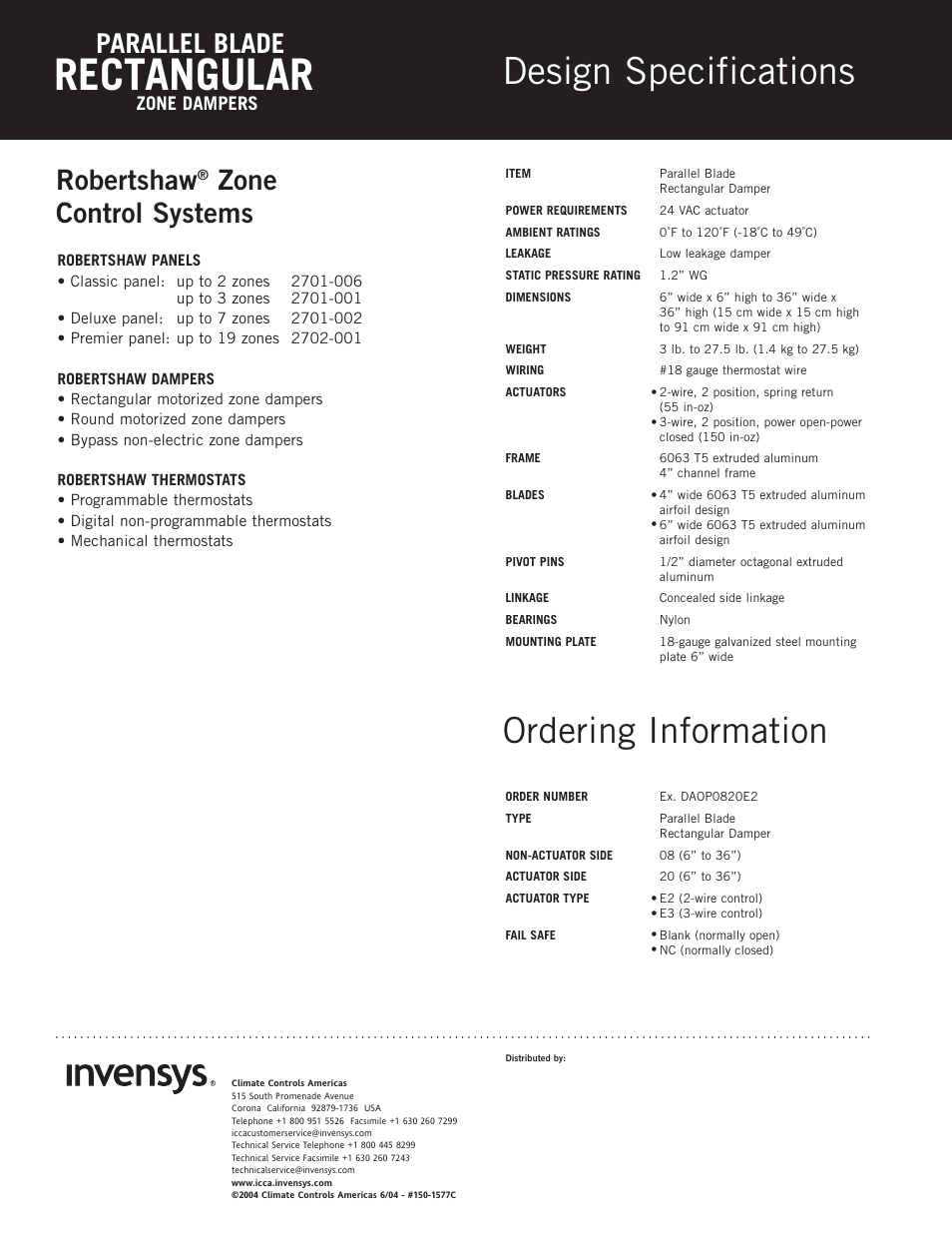 Rectangular, Design specifications, Ordering information | Robertshaw, Zone control systems, Parallel blade, Zone dampers | Robertshaw PARALLEL BLADE RECTANGULAR User Manual | Page 2 / 2