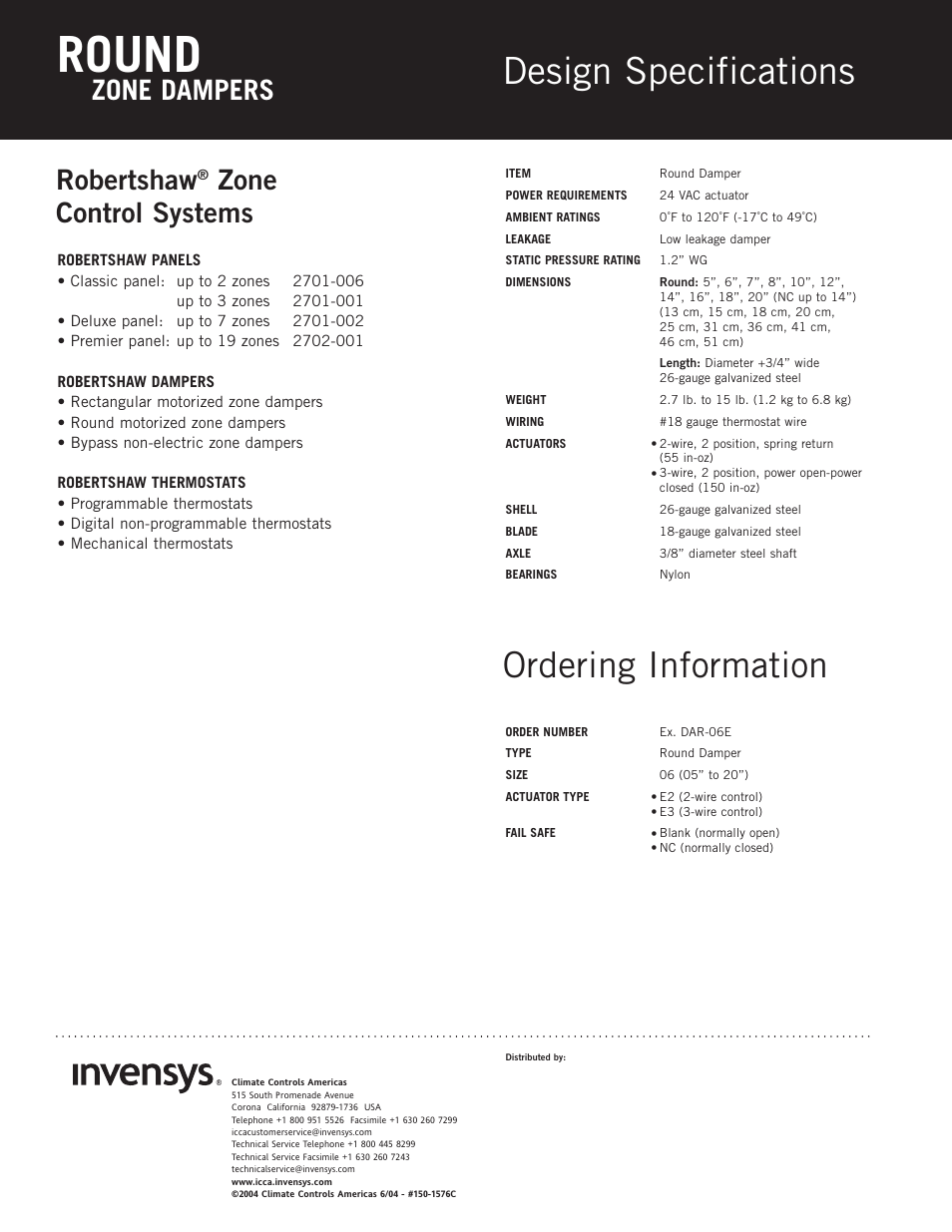 Round, Design specifications, Ordering information | Robertshaw, Zone control systems, Zone dampers | Robertshaw ROUND ZONE DAMPERS User Manual | Page 2 / 2