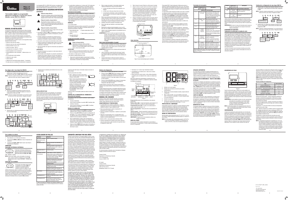 Garantía limitada por dos años, Localizador de fallas, Manual del usuario | Información de seguridad importante, Manual de instalación | Robertshaw RS2210_С User Manual | Page 2 / 2