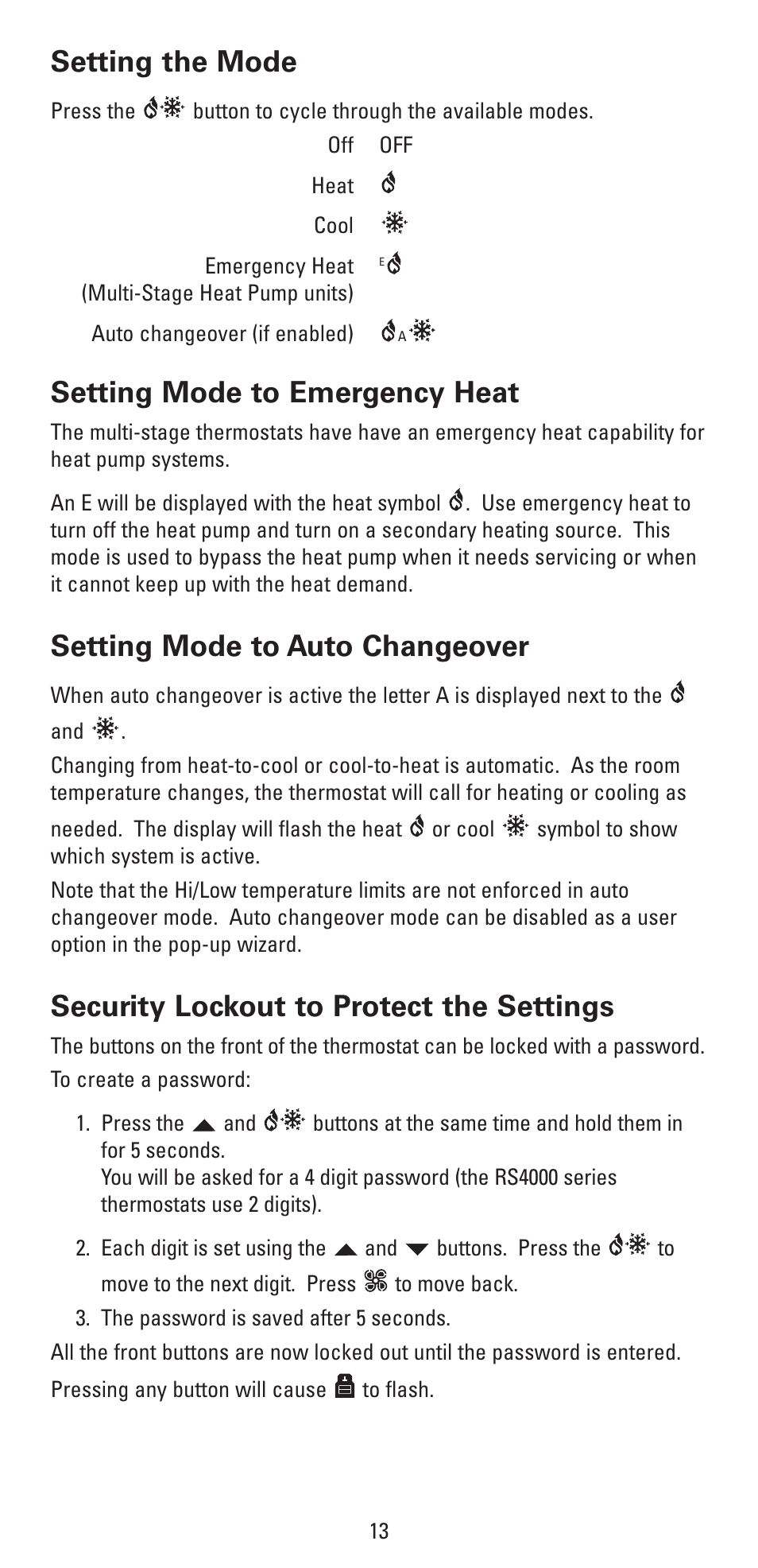 Setting the mode, Setting mode to emergency heat, Setting mode to auto changeover | Security lockout to protect the settings | Robertshaw RS6320 User Manual | Page 13 / 32