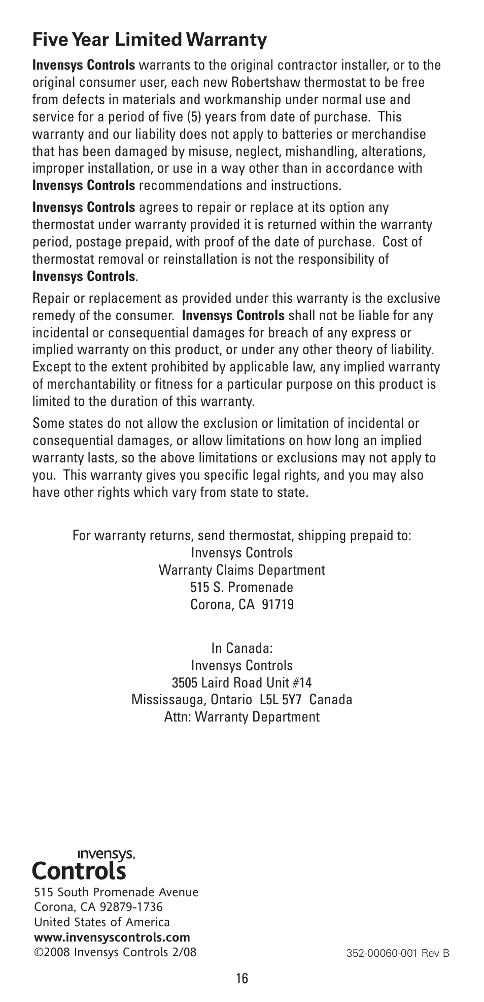 Five year limited warranty | Robertshaw RS6320 User Manual | Page 16 / 32