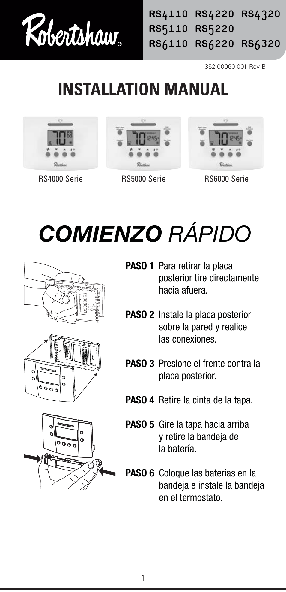 Comienzo rápido, Installation manual | Robertshaw RS6320 User Manual | Page 17 / 32