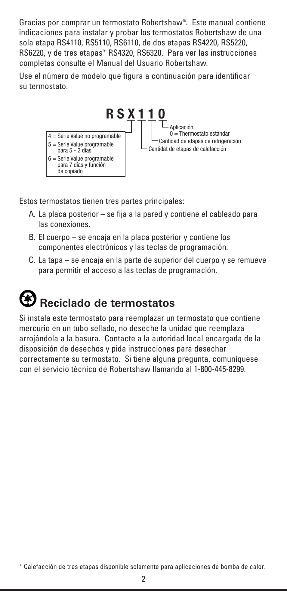 R s x 1 1 0, Reciclado de termostatos | Robertshaw RS6320 User Manual | Page 18 / 32