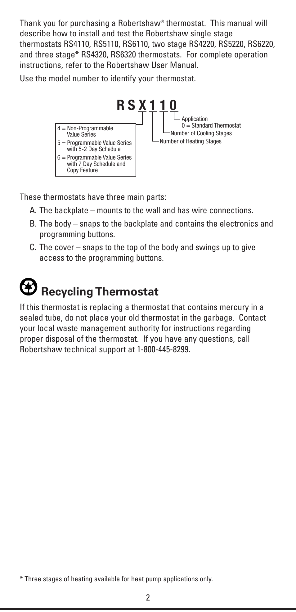 R s x 1 1 0, Recycling thermostat | Robertshaw RS6320 User Manual | Page 2 / 32