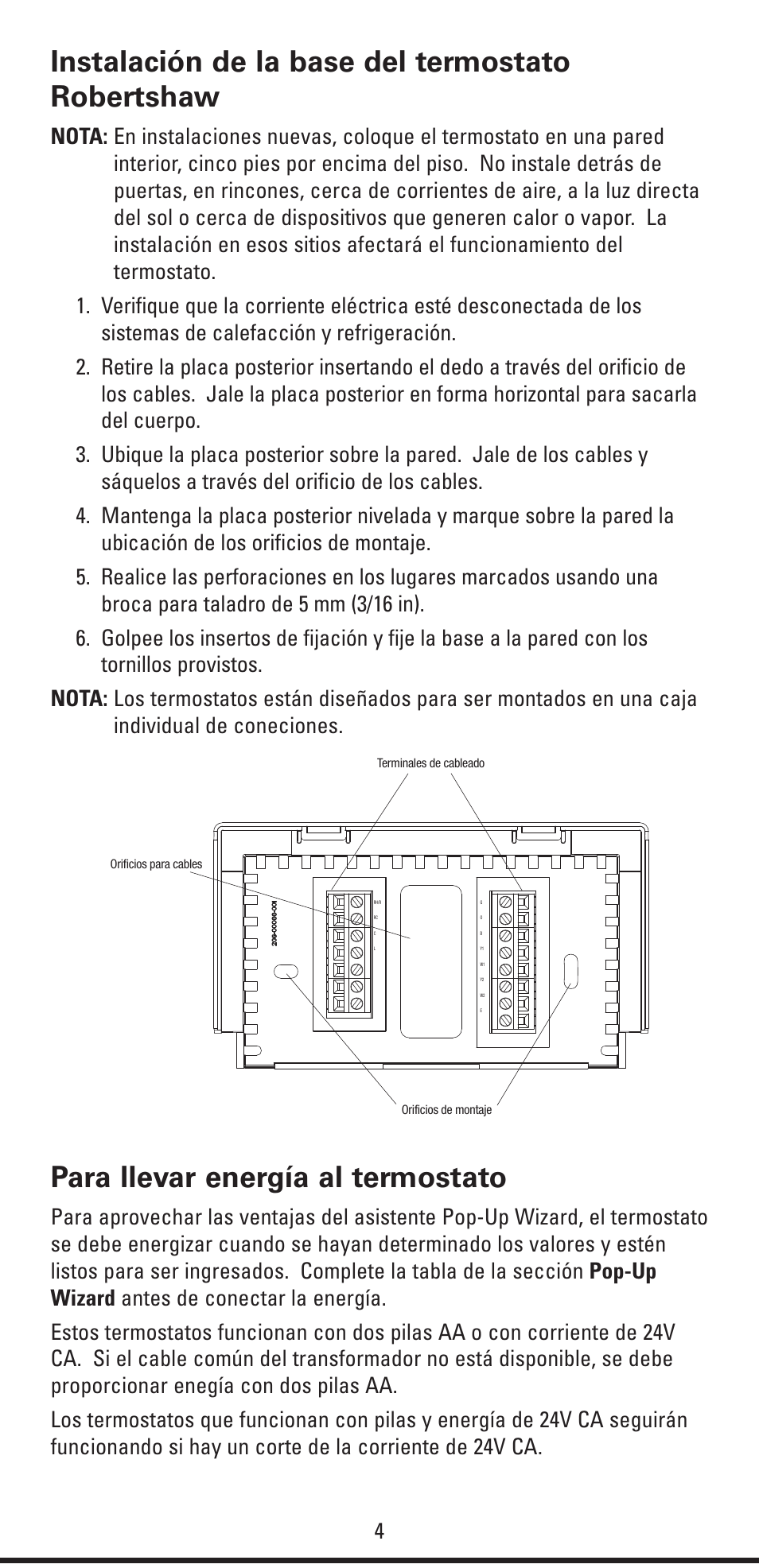 Instalación de la base del termostato robertshaw, Para llevar energía al termostato | Robertshaw RS6320 User Manual | Page 20 / 32